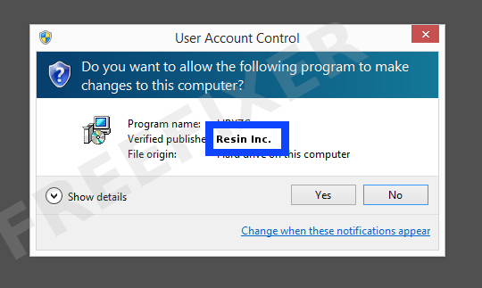 Screenshot where Resin Inc. appears as the verified publisher in the UAC dialog
